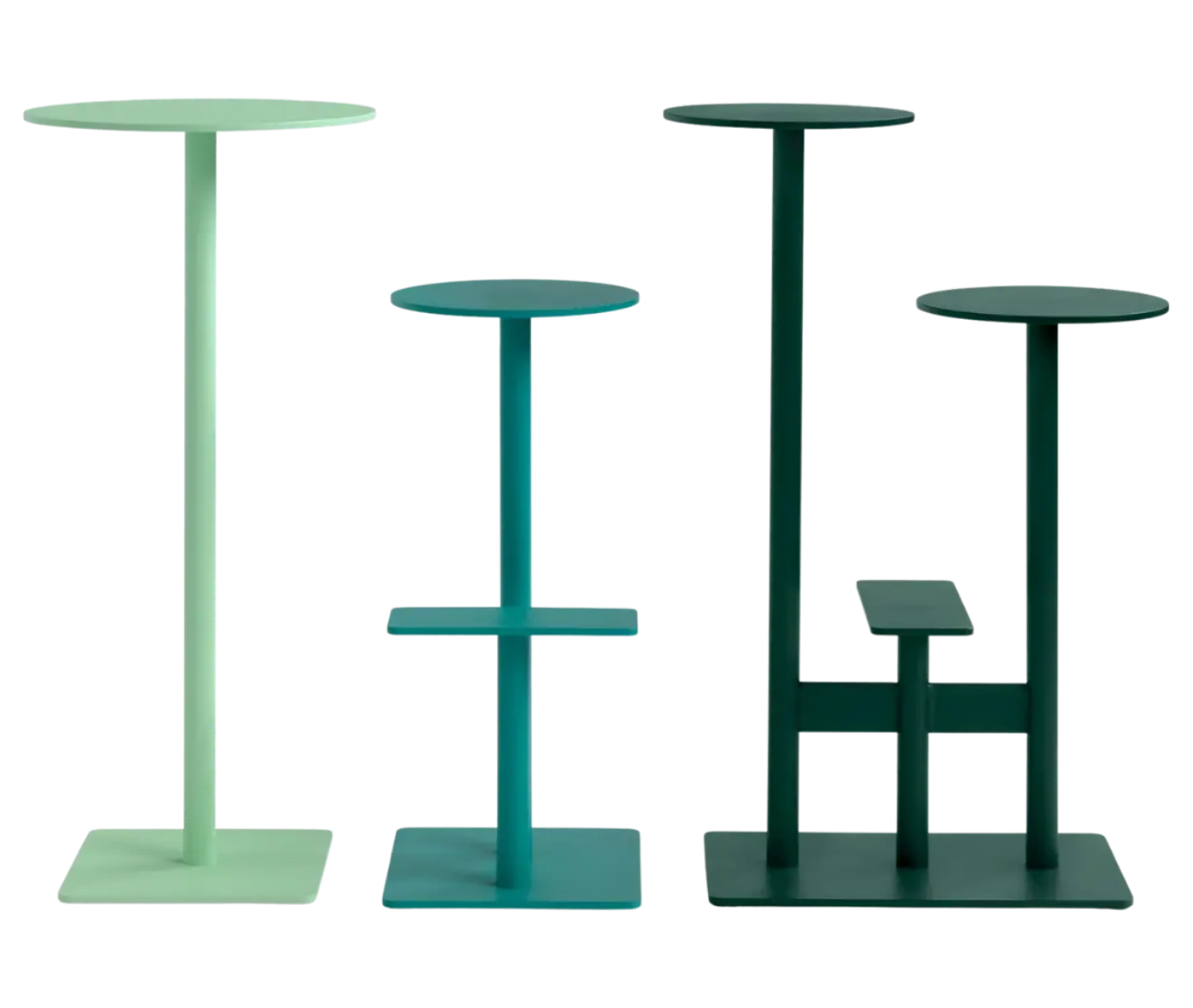 Bla Station Combo tables and stools in assorted heights and green finishes with round tops and sculptural metal bases.