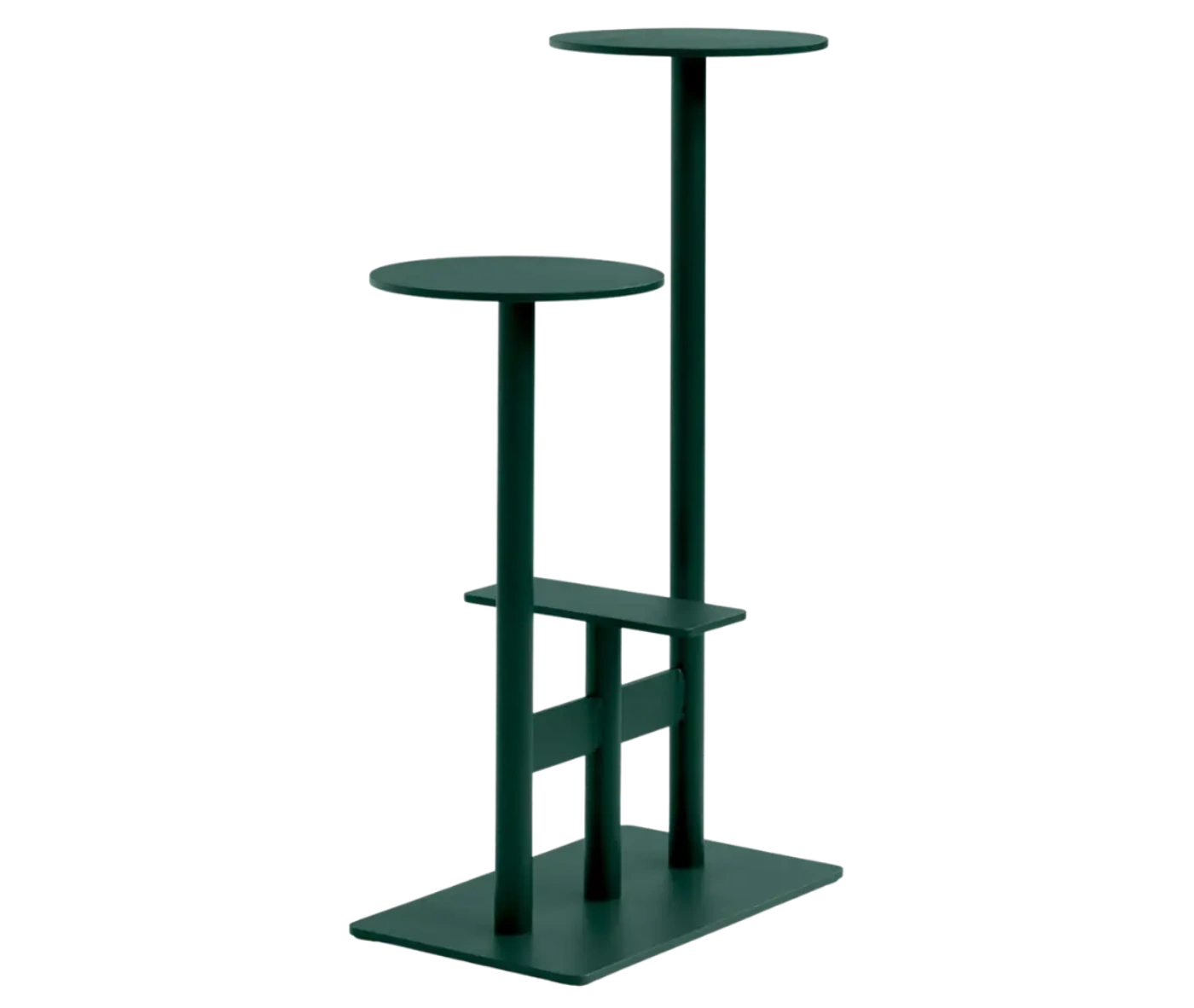 Bla Station Combo table and stool in front-right view with multi-level round tops in dark green finish.