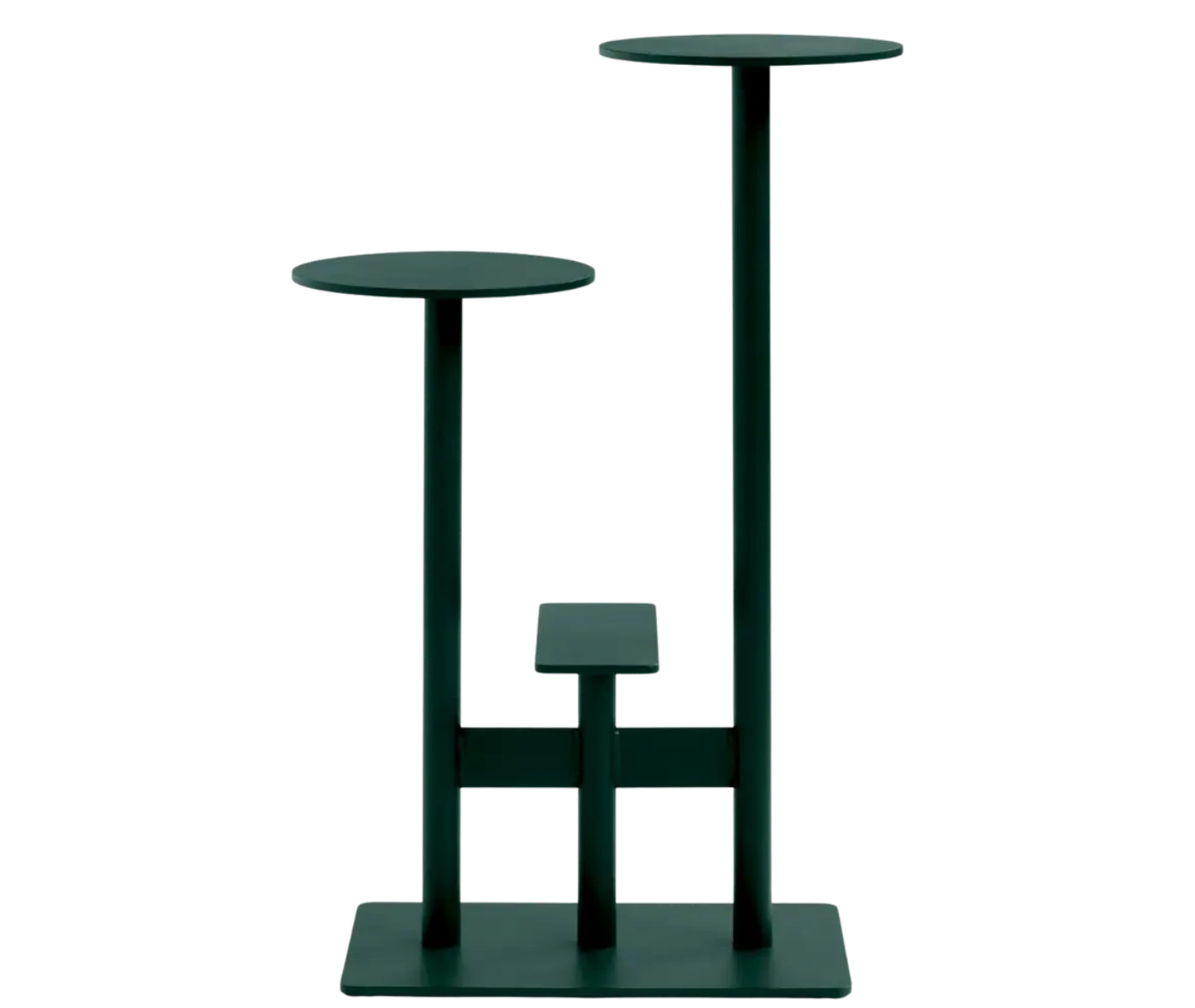 Bla Station Combo table and stool in front view with multi-level round tops in dark green finish.