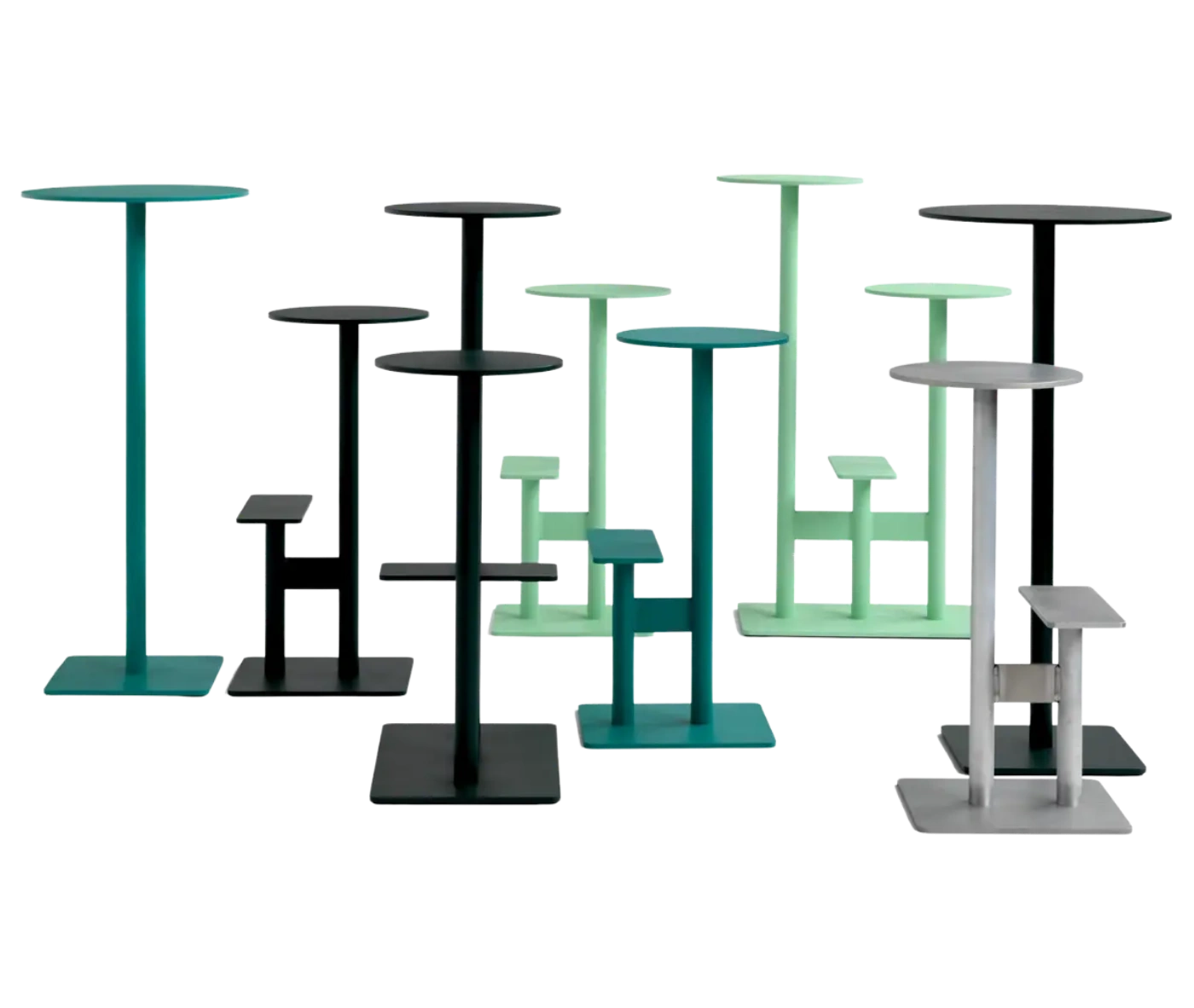 Bla Station Combo tables and stools grouped together in assorted heights, finishes and configurations.