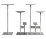 Bla Station Combo tables and stools lined up in light grey finishes with round tops and multi-level metal bases.