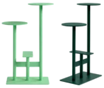 Bla Station Combo tables and stools in light and dark green finishes with round tops and multi-level sculptural metal bases.