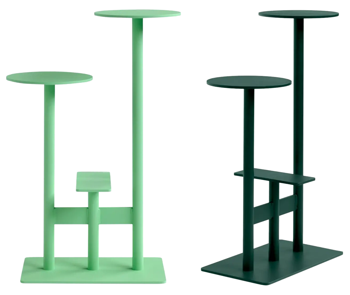Bla Station Combo tables and stools in light and dark green finishes with round tops and multi-level sculptural metal bases.
