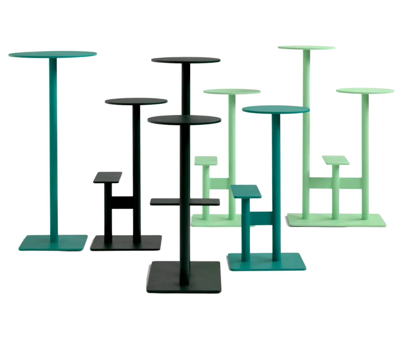Bla Station Combo tables and stools grouped in assorted heights and finishes.
