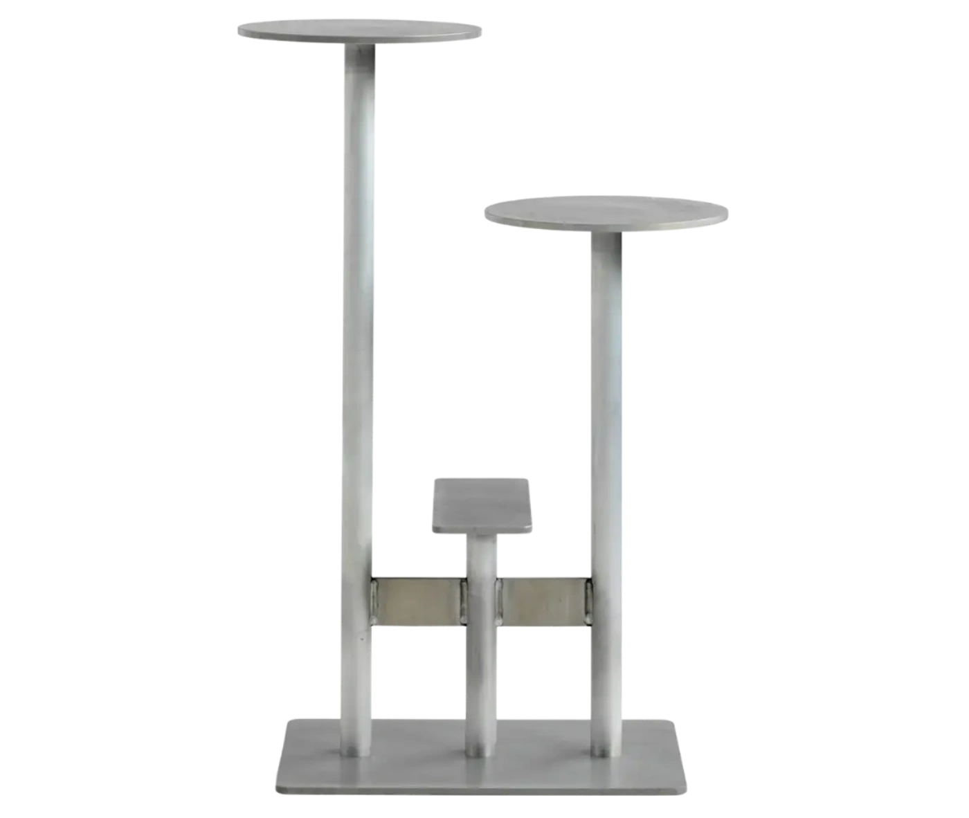 Bla Station Combo table and stool in front view with multi-level round tops in light grey finish.