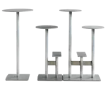Bla Station Combo tables and stools lined up in varied heights with round tops and sculptural metal bases in light grey finish.