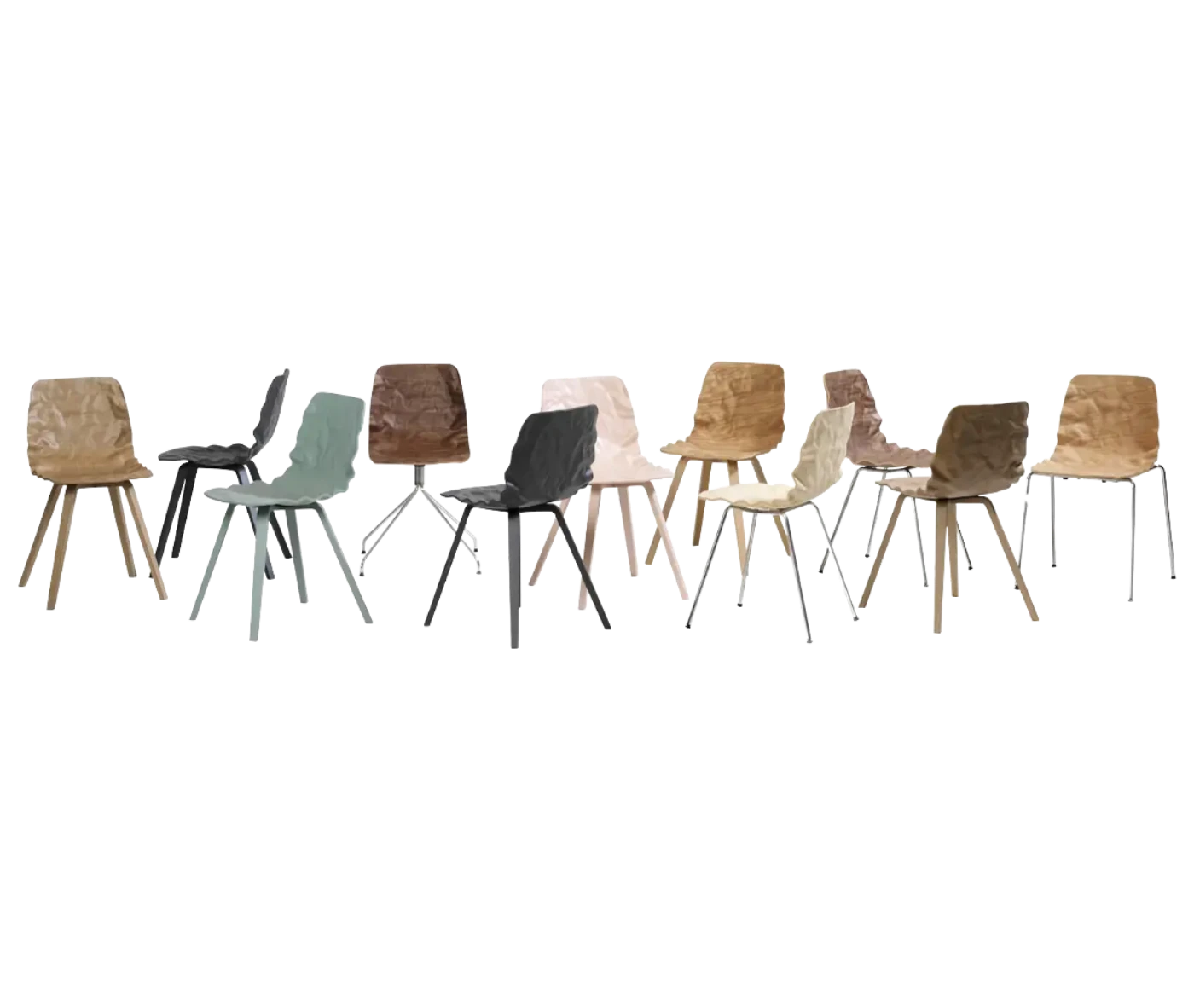 Bla Station Dent chair collection with sculpted seat shells and varied base designs in different finishes.