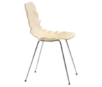 Bla Station Dent B502 hospitality chair in side view with sculpted seat form in beige finish and slender metal legs.