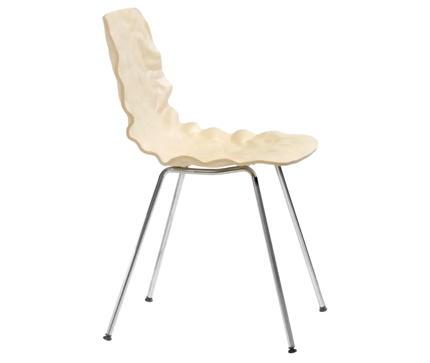 Bla Station Dent B502 hospitality chair in side view with sculpted seat form in beige finish and slender metal legs.