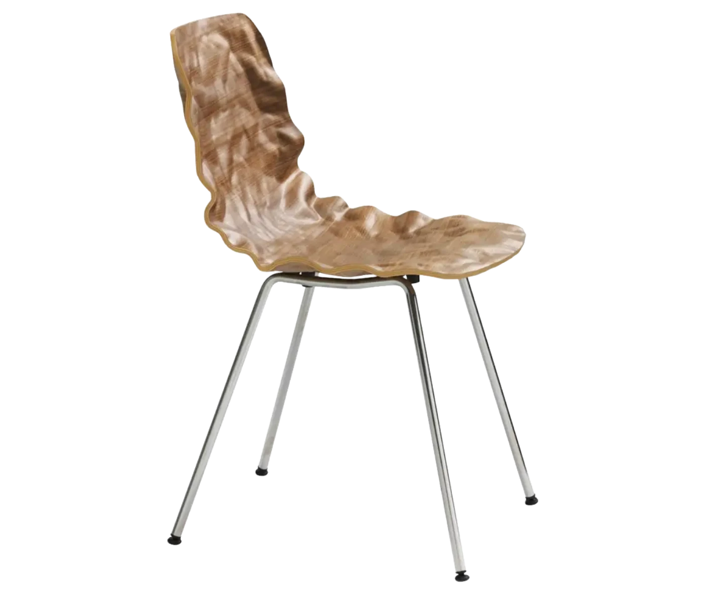 Bla Station Dent B502 hospitality chair in side view with sculpted seat form in brown finish and slender metal legs.