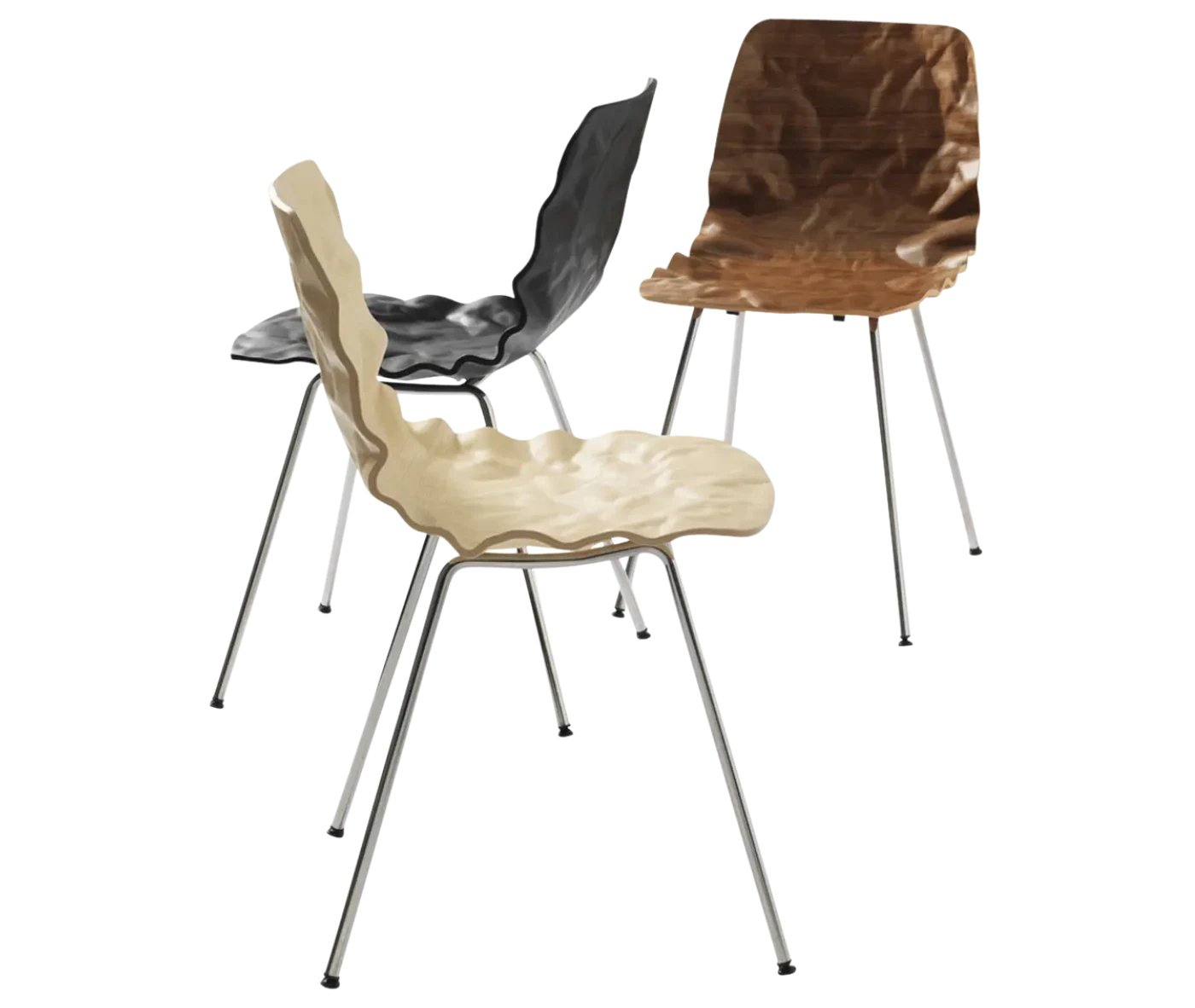 Bla Station Dent B502 chairs with sculpted seat shells in light, dark, and walnut finishes on slender metal legs.