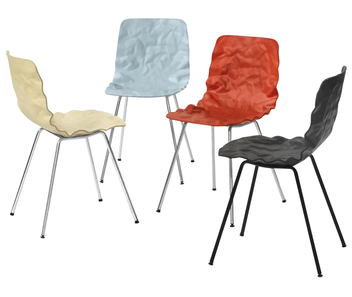 Bla Station Dent B502 chairs with sculpted seat shells in varied finishes and slender metal legs.