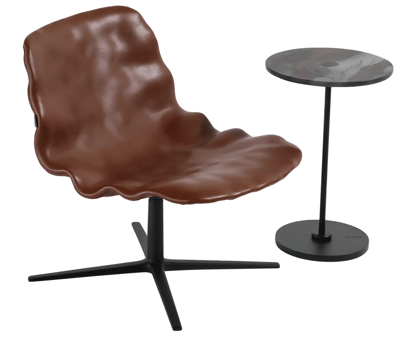 Bla Station Dent Lounge chair in front-right view with sculpted seat form and swivel metal base and side table.