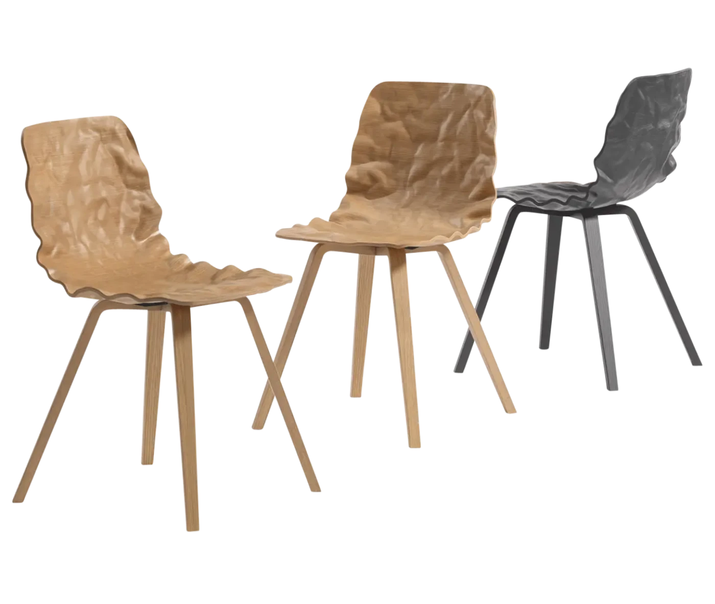 Bla Station Dent Wood chairs with sculpted timber seat shells and angled timber legs.