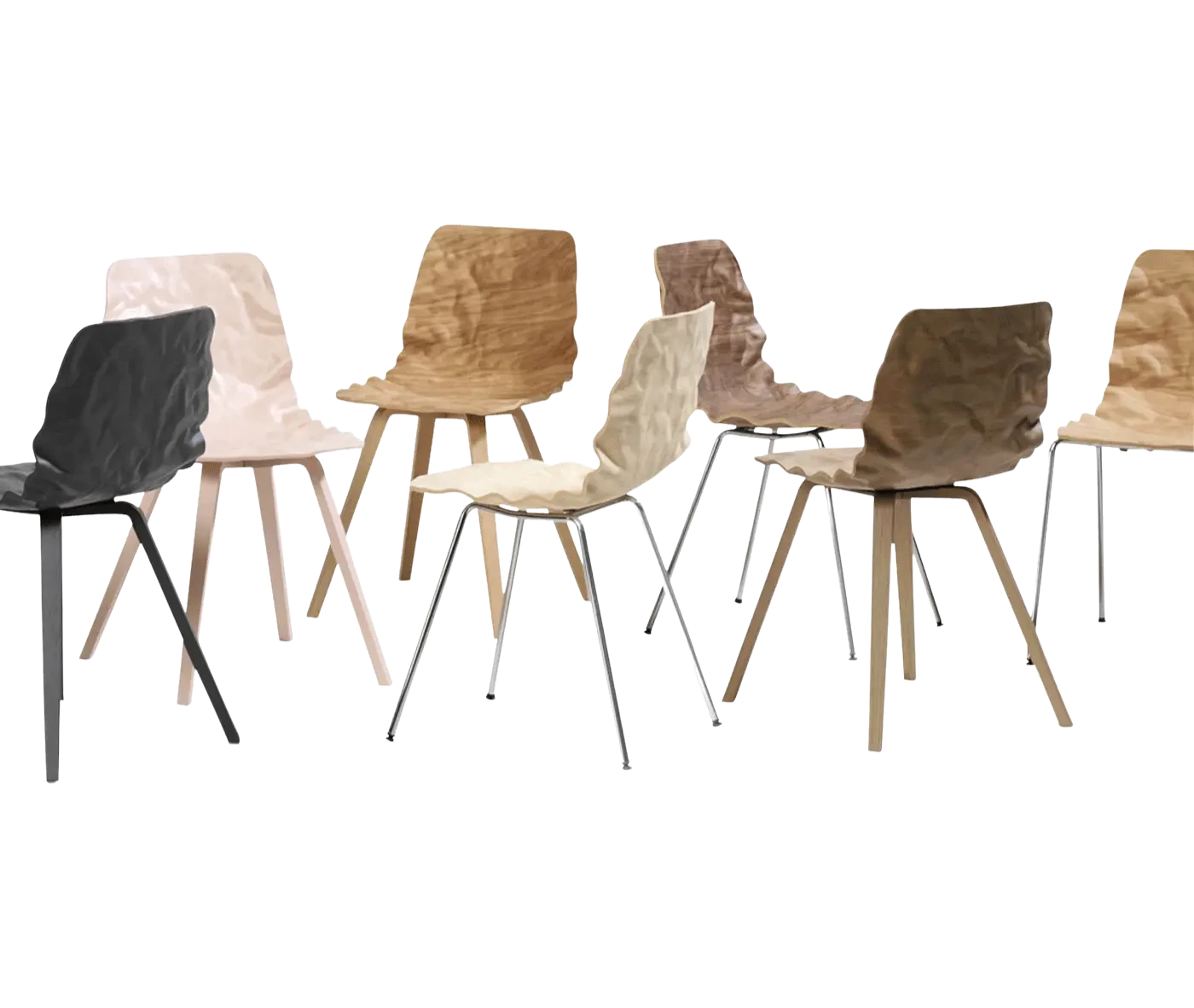 Bla Station Dent chair collection with sculpted seat shells, varied finishes and base.