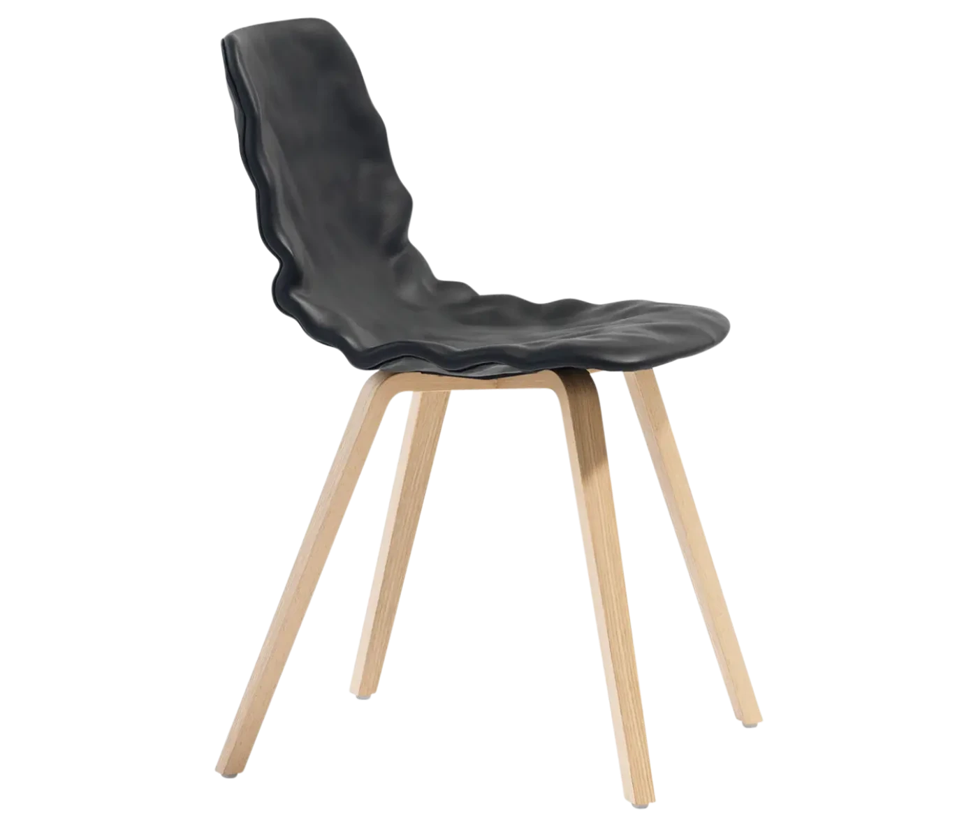 Bla Station Dent Wood B504 chair in side view with black sculpted seat and timber legs in light pink finish.