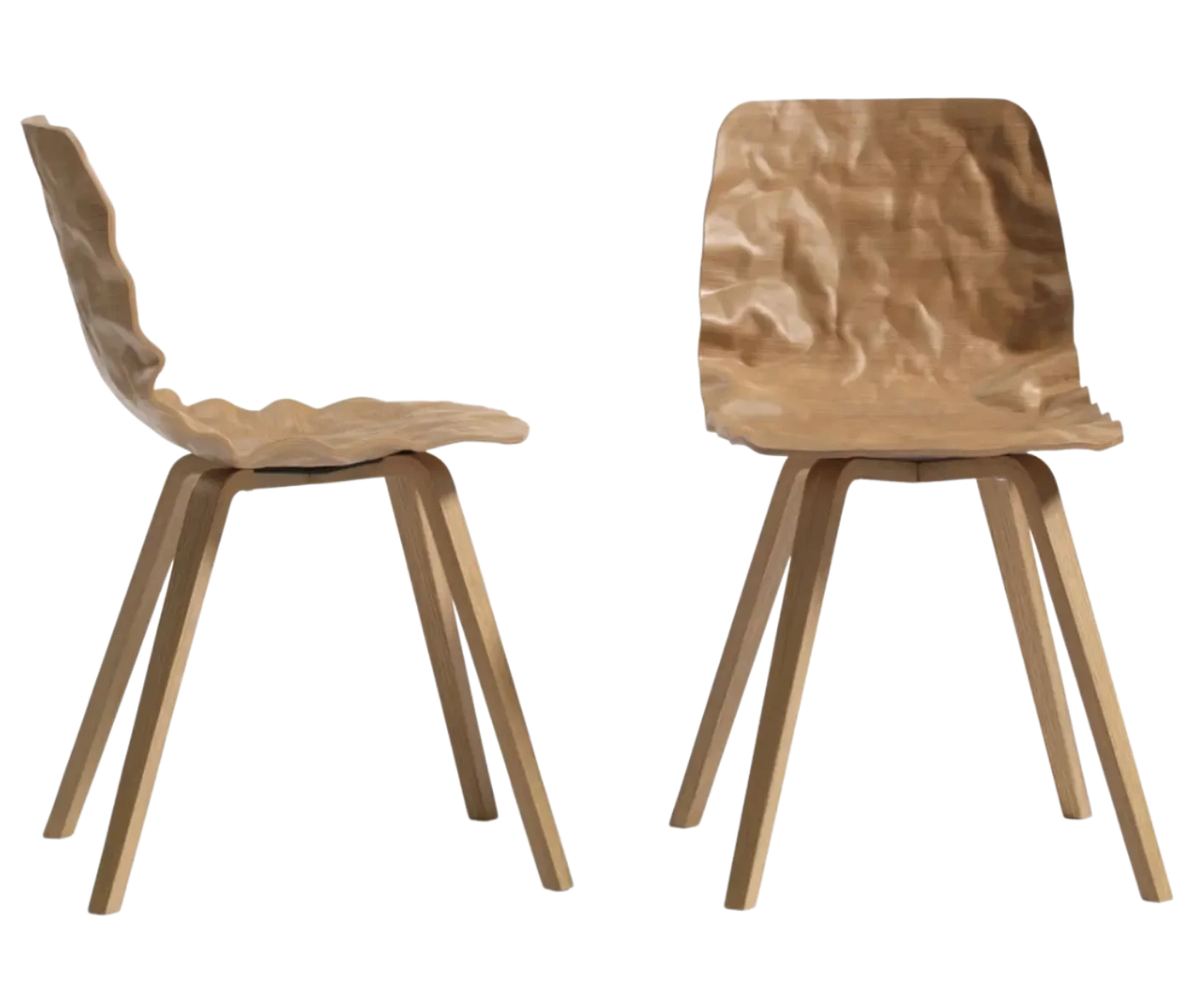 Bla Station Dent Wood chairs in side and back view with sculpted timber seat shells and angled timber legs.
