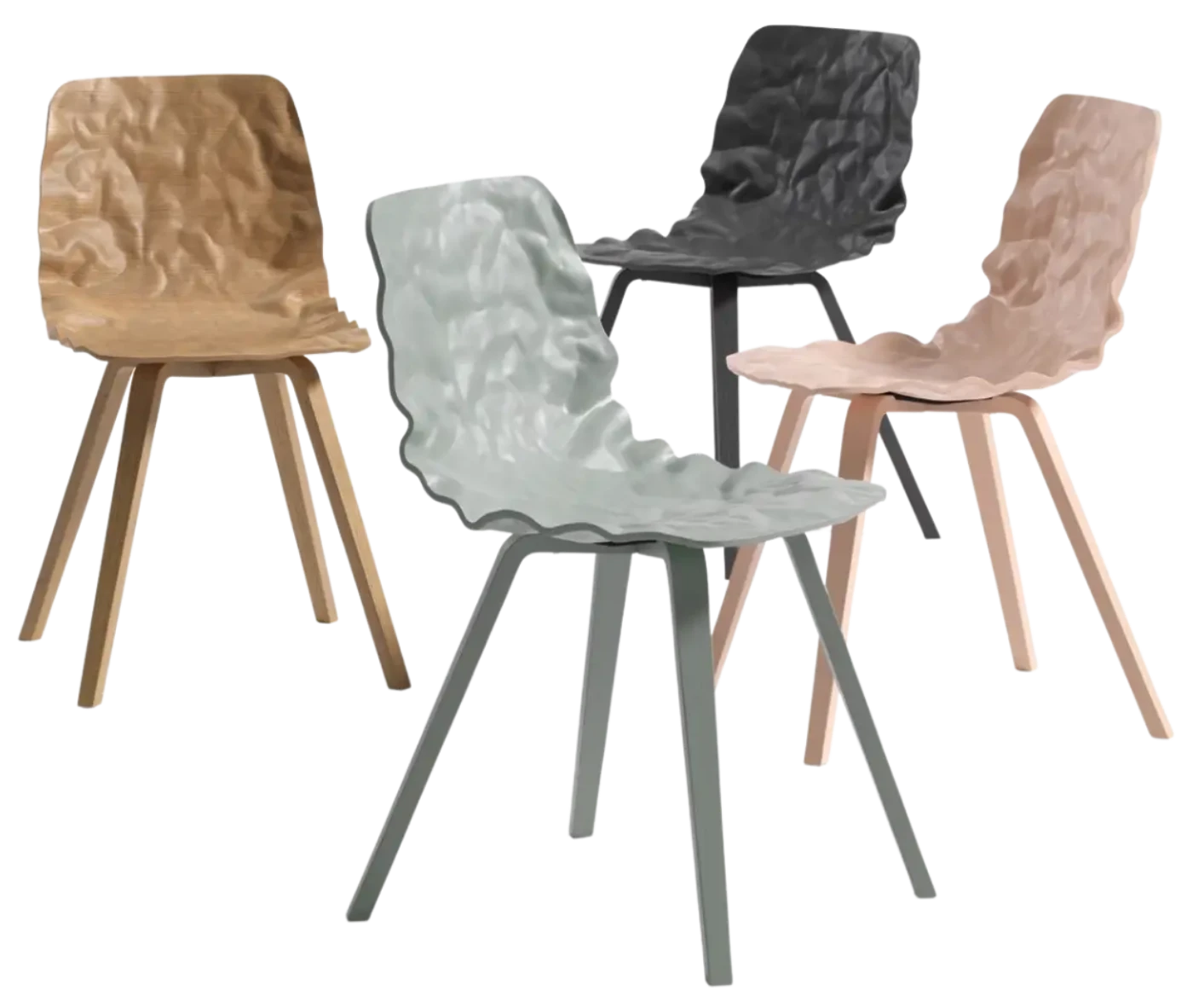 Bla Station Dent Wood chairs in timber frame and sculpted seat form in assorted finish.