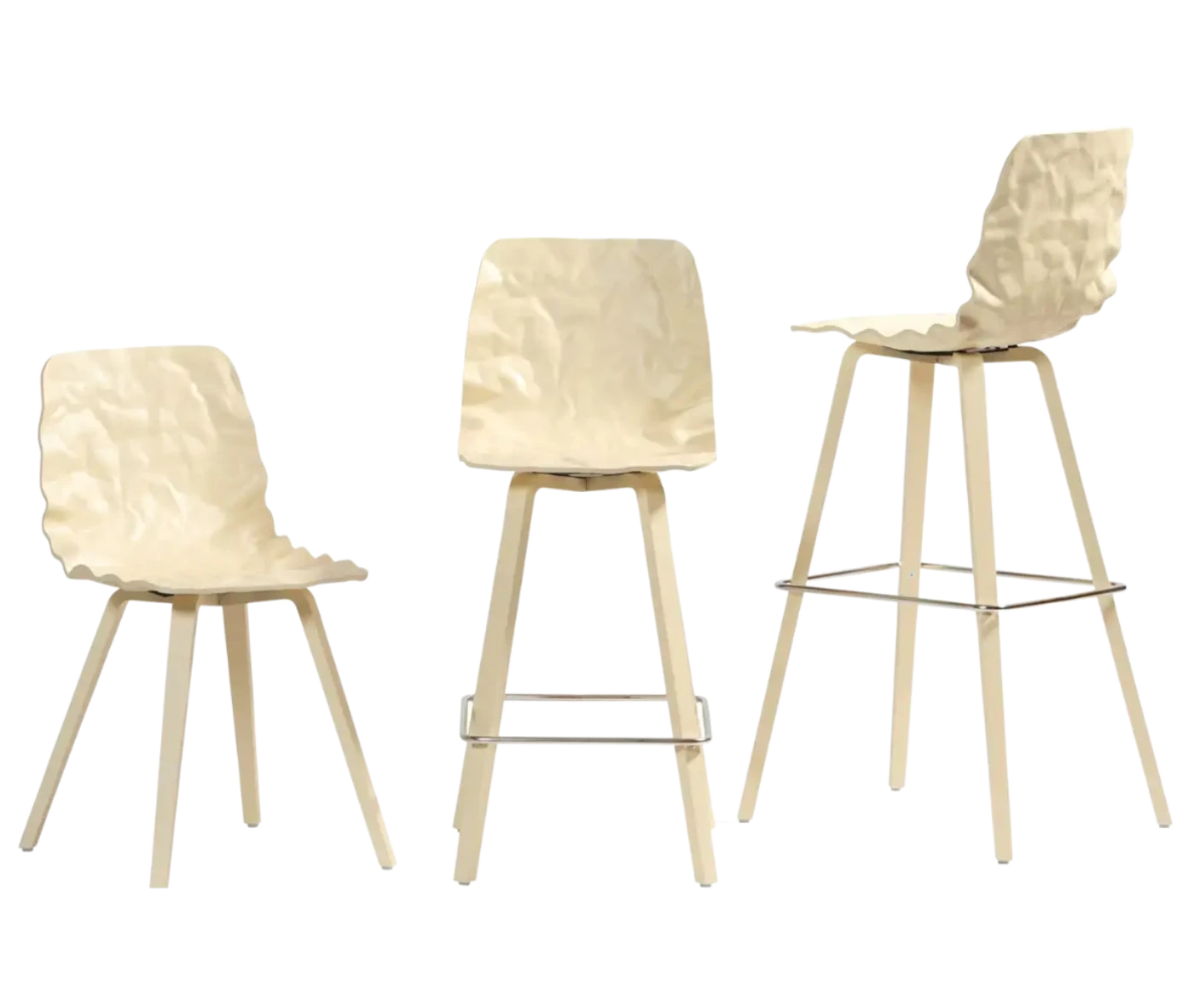Bla Station Dent Wood chair and stools with sculpted timber seat shells, timber legs, and metal footrests.
