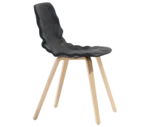 Bla Station Dent Wood B504D chair in side view with black sculpted upholstered seat and timber legs.