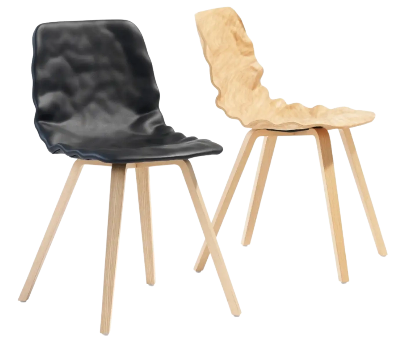 Bla Station Dent Wood chairs with sculpted seat shells and timber legs in light and dark finishes.