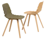 Bla Station Dent Wood chairs with sculpted seat shells and timber legs in assorted finishes.