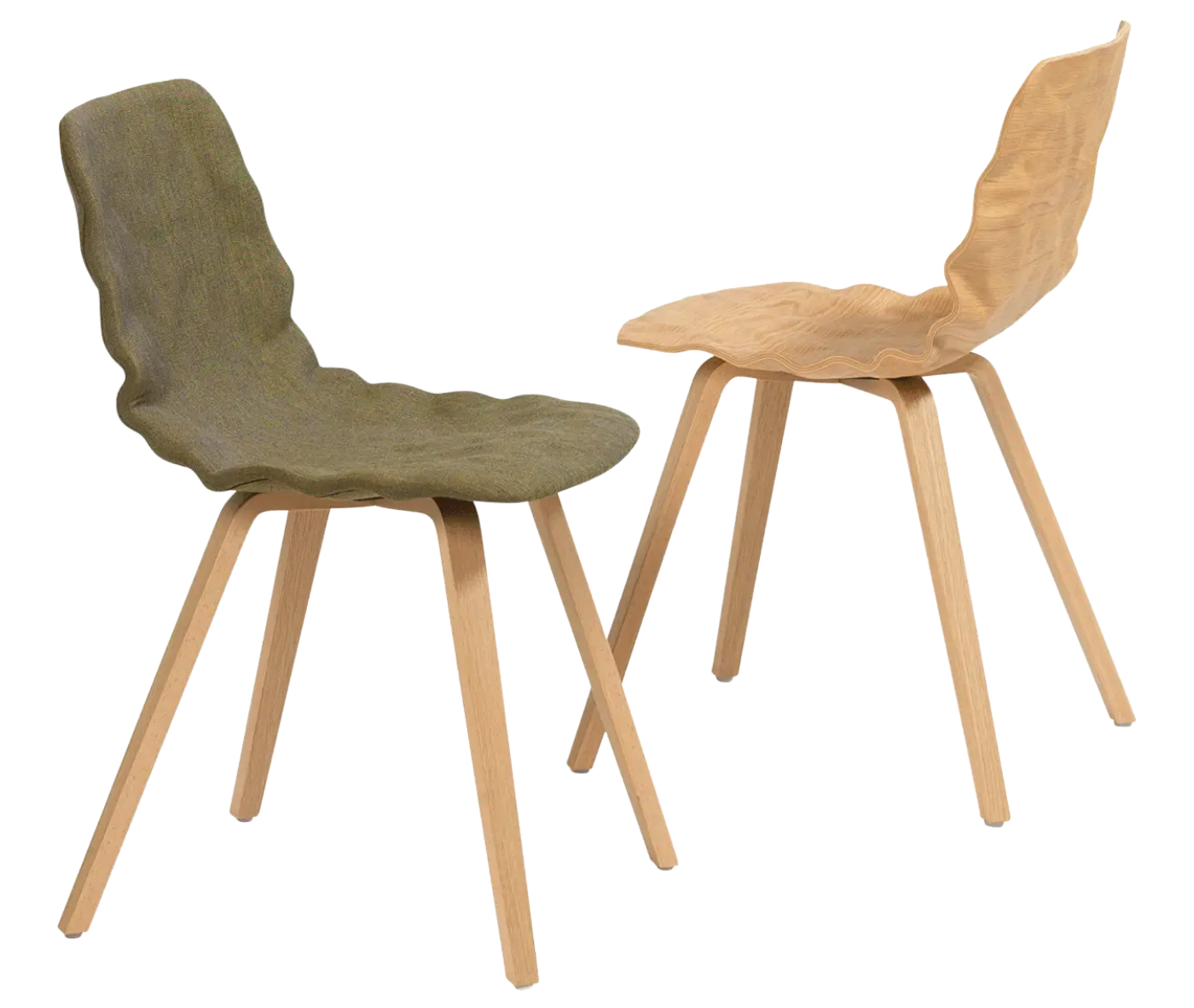 Bla Station Dent Wood chairs with sculpted seat shells and timber legs in assorted finishes.