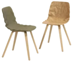Bla Station Dent Wood chairs with sculpted seat shells in upholstered and timber finishes, paired with angled timber legs.