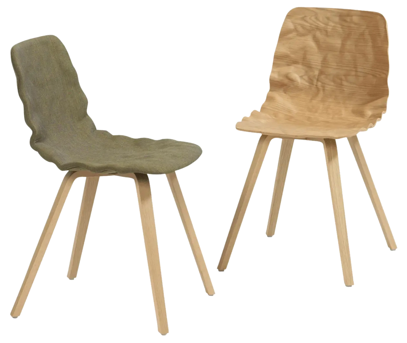 Bla Station Dent Wood chairs with sculpted seat shells in upholstered and timber finishes, paired with angled timber legs.