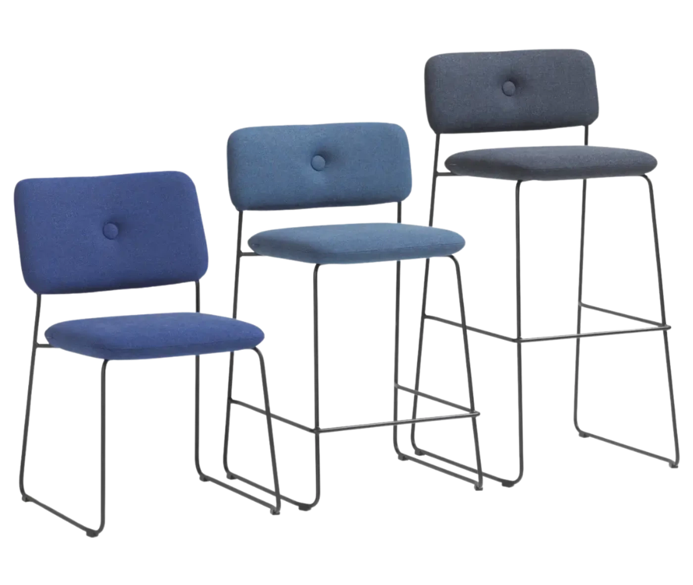 Bla Station Dundra chair and bar chair in front-right view with upholstered seats and backrests.