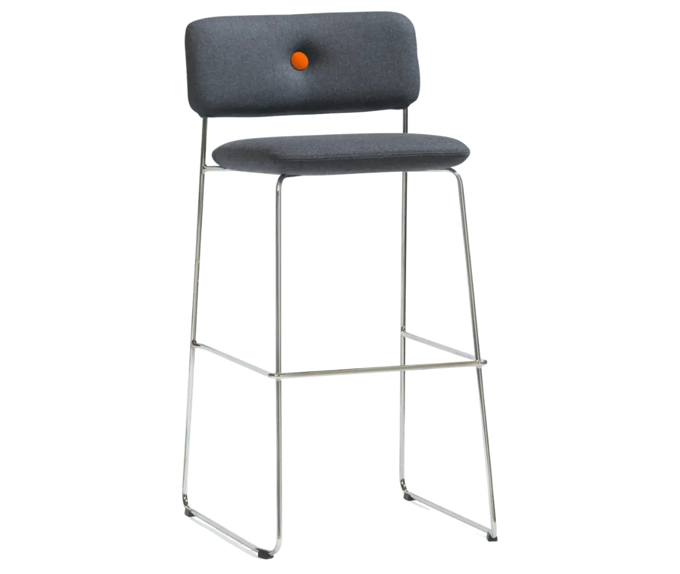 Bla Station Dundra Barchair in front-right view with a tall steel frame, grey upholstered and backrest.