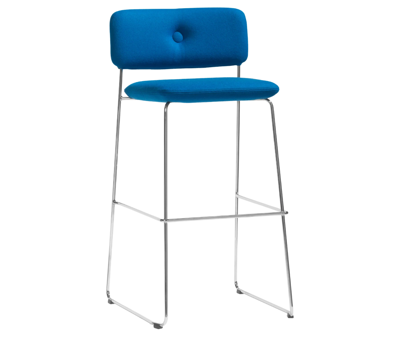 Bla Station Dundra Barchair in front-right view with a tall steel frame, blue upholstered and backrest.