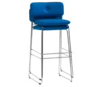 Bla Station Dundra Barchairs stacked together with a tall steel frame, blue upholstered and backrest.