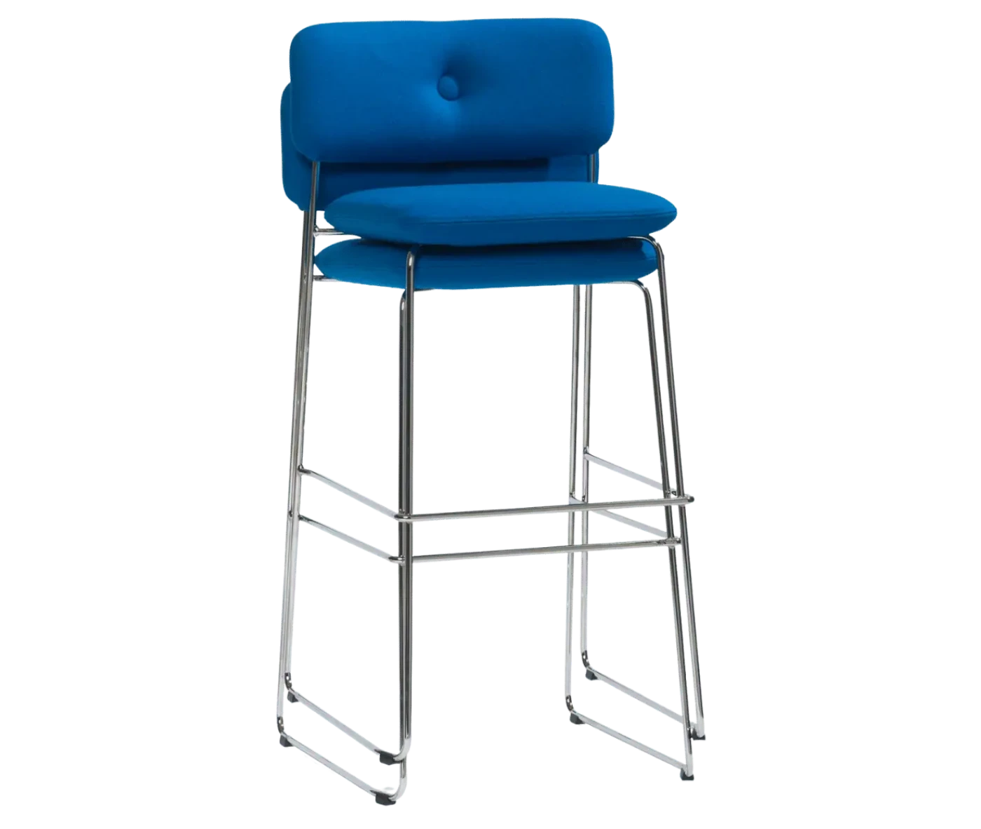 Bla Station Dundra Barchairs stacked together with a tall steel frame, blue upholstered and backrest.