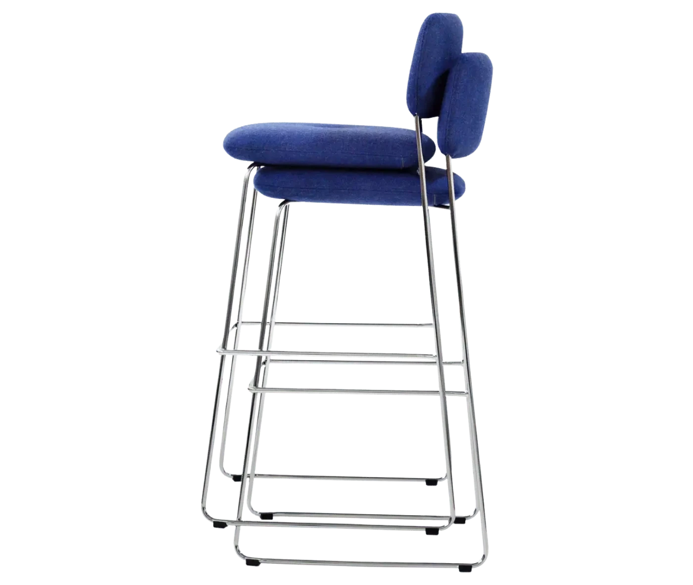 Bla Station Dundra Barchairs stacked together in side view with a tall steel frame, blue upholstered and backrest.