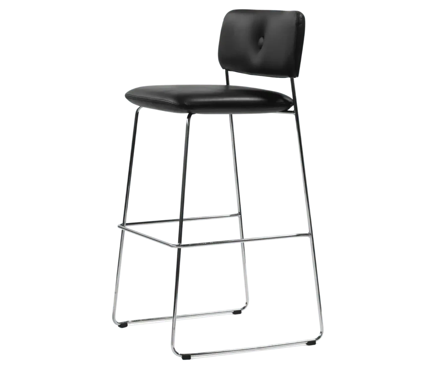 Bla Station Dundra Barchairs in front-left view with a tall steel frame, black upholstered and backrest.