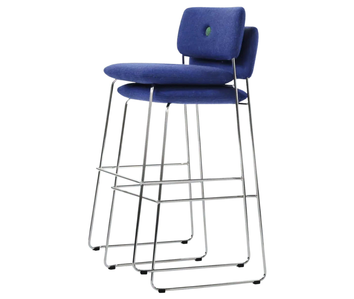 Bla Station Dundra Barchairs stacked together in front-left view with a tall steel frame, blue upholstered and backrest.