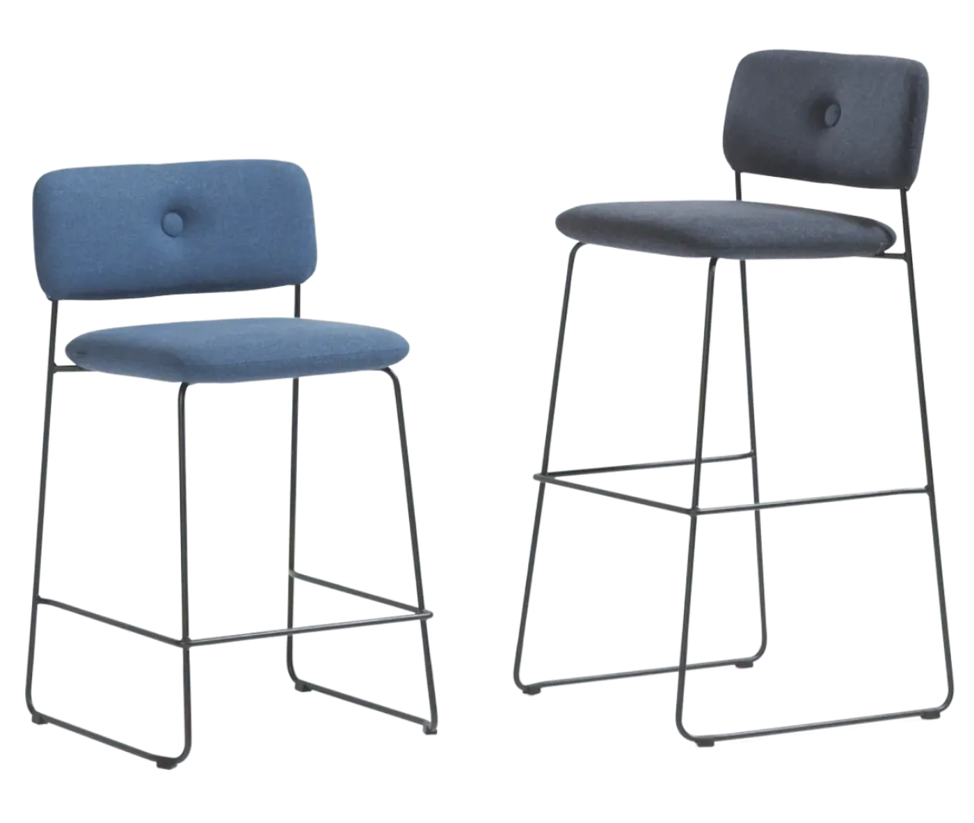 Bla Station Dundra bar chairs with upholstered seats and backrests, steel sled bases in different size.