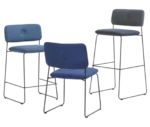 Bla Station Dundra chair and bar chair collection with upholstered seats and backrests on steel sled bases in different heights.
