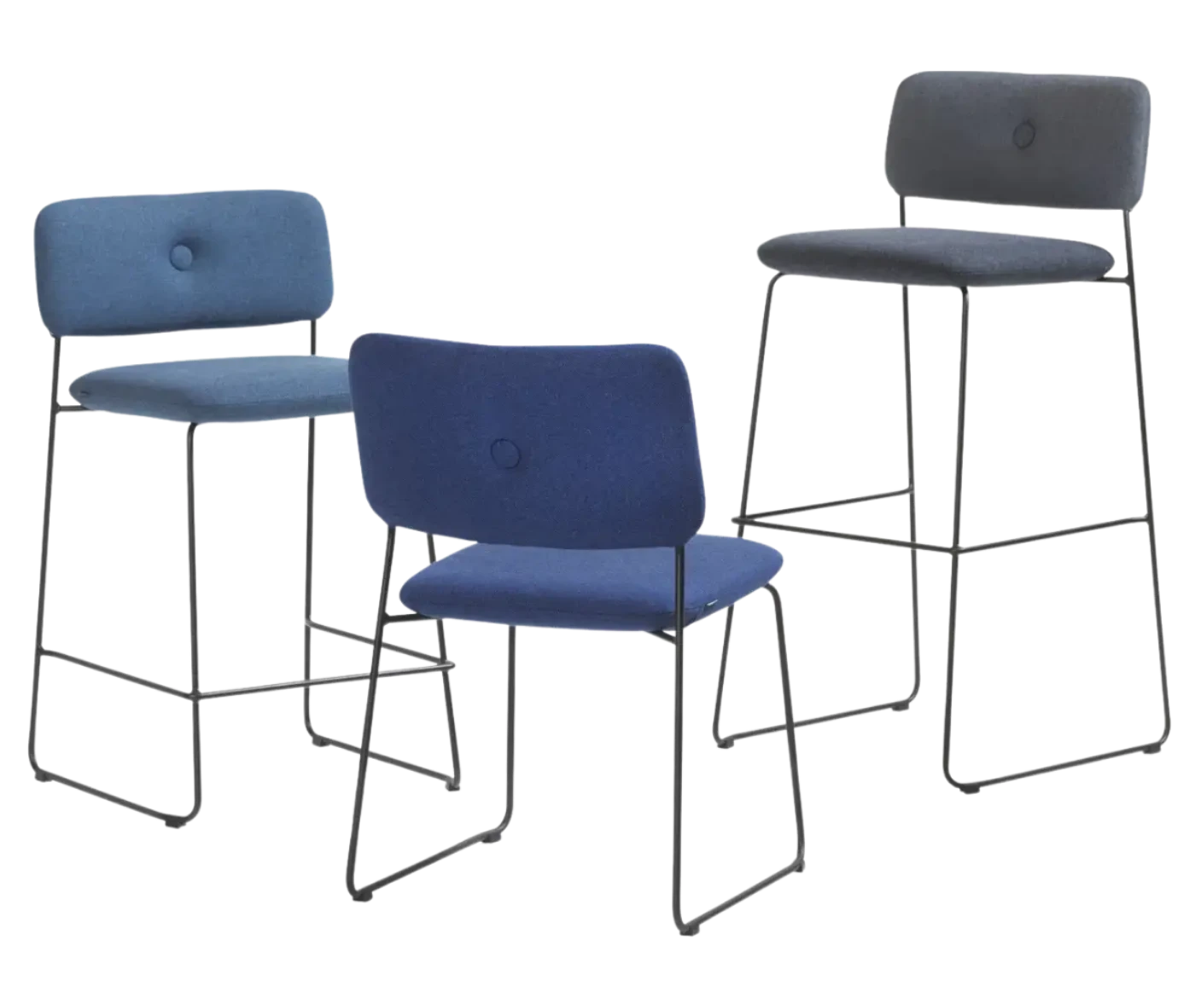 Bla Station Dundra chair and bar chair collection with upholstered seats and backrests on steel sled bases in different heights.