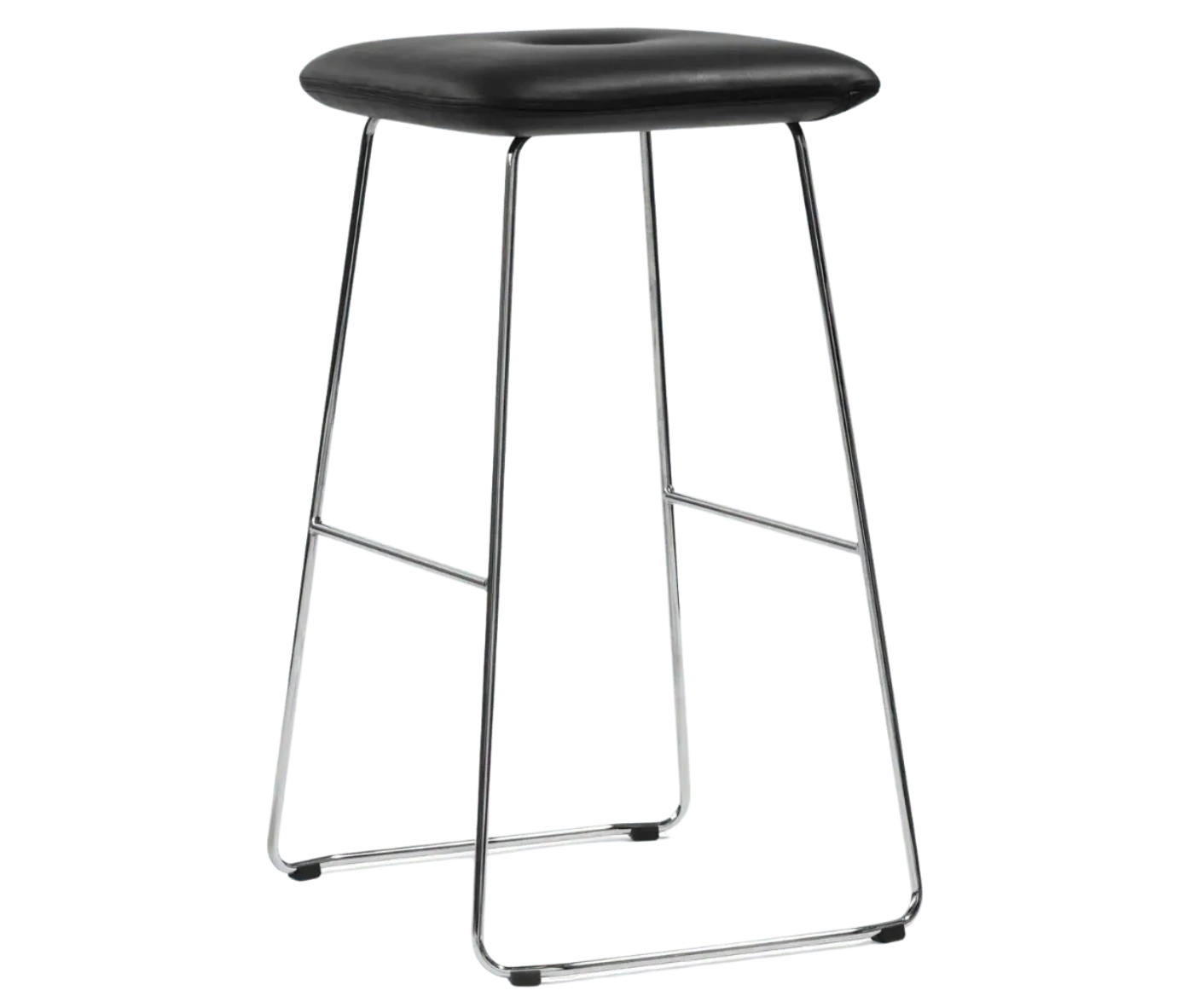 Bla Station Dundra Barstool in front-right view, with black upholstered seat and slim metal base.