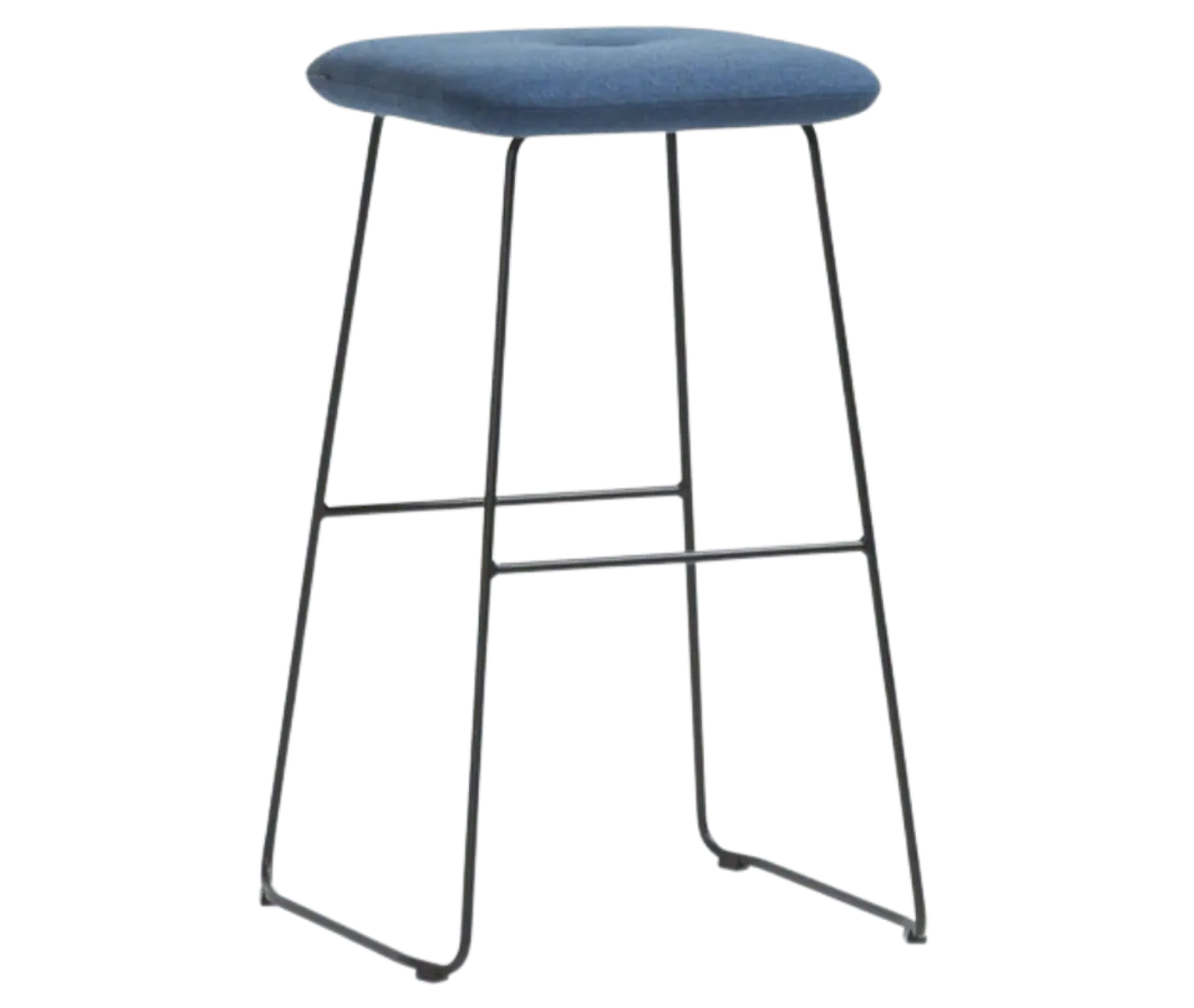 Bla Station Dundra Barstool in front-right view, with blue upholstered seat and slim metal base.