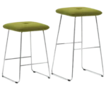 Bla Station Dundra Barstools in front-right view, with green upholstered seat and in different sizes.