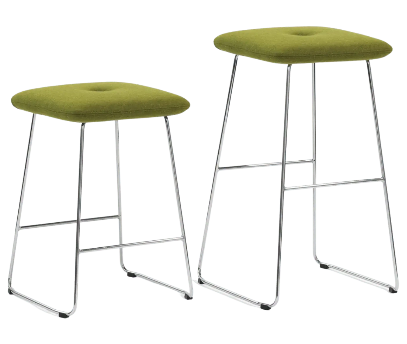 Bla Station Dundra Barstools in front-right view, with green upholstered seat and in different sizes.