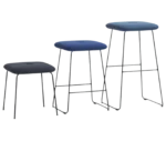 Bla Station Dundra stools with upholstered seats on steel sled bases in different heights.