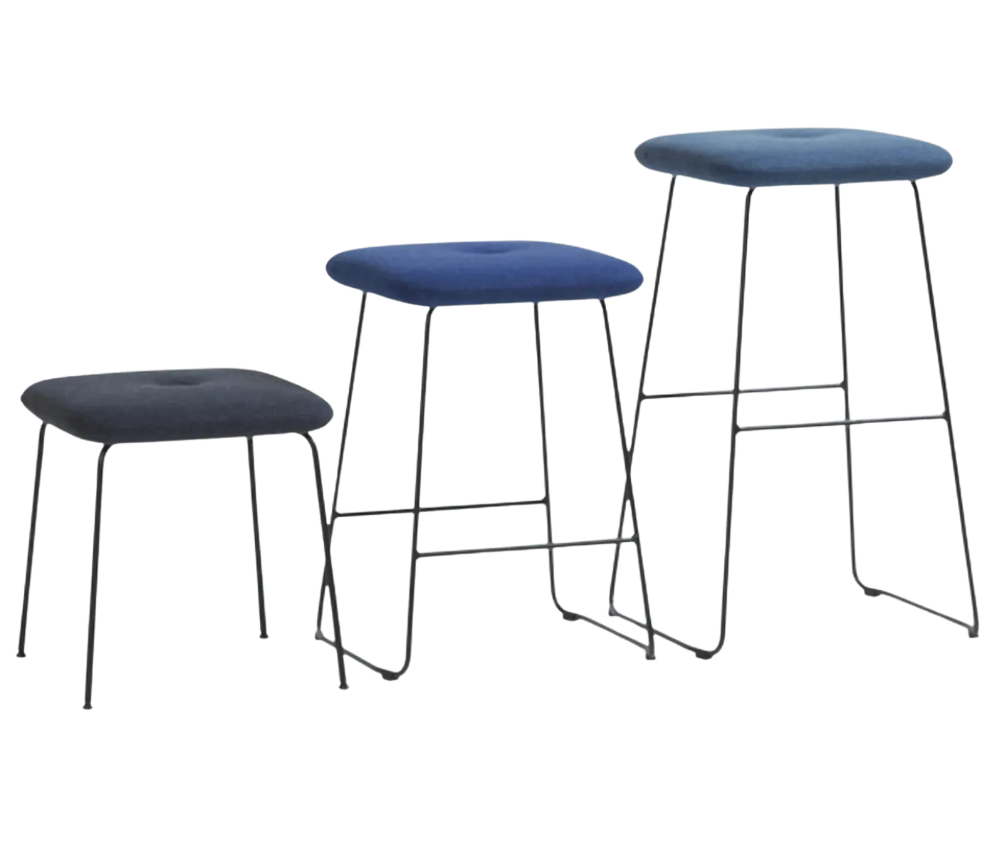 Bla Station Dundra stools with upholstered seats on steel sled bases in different heights.