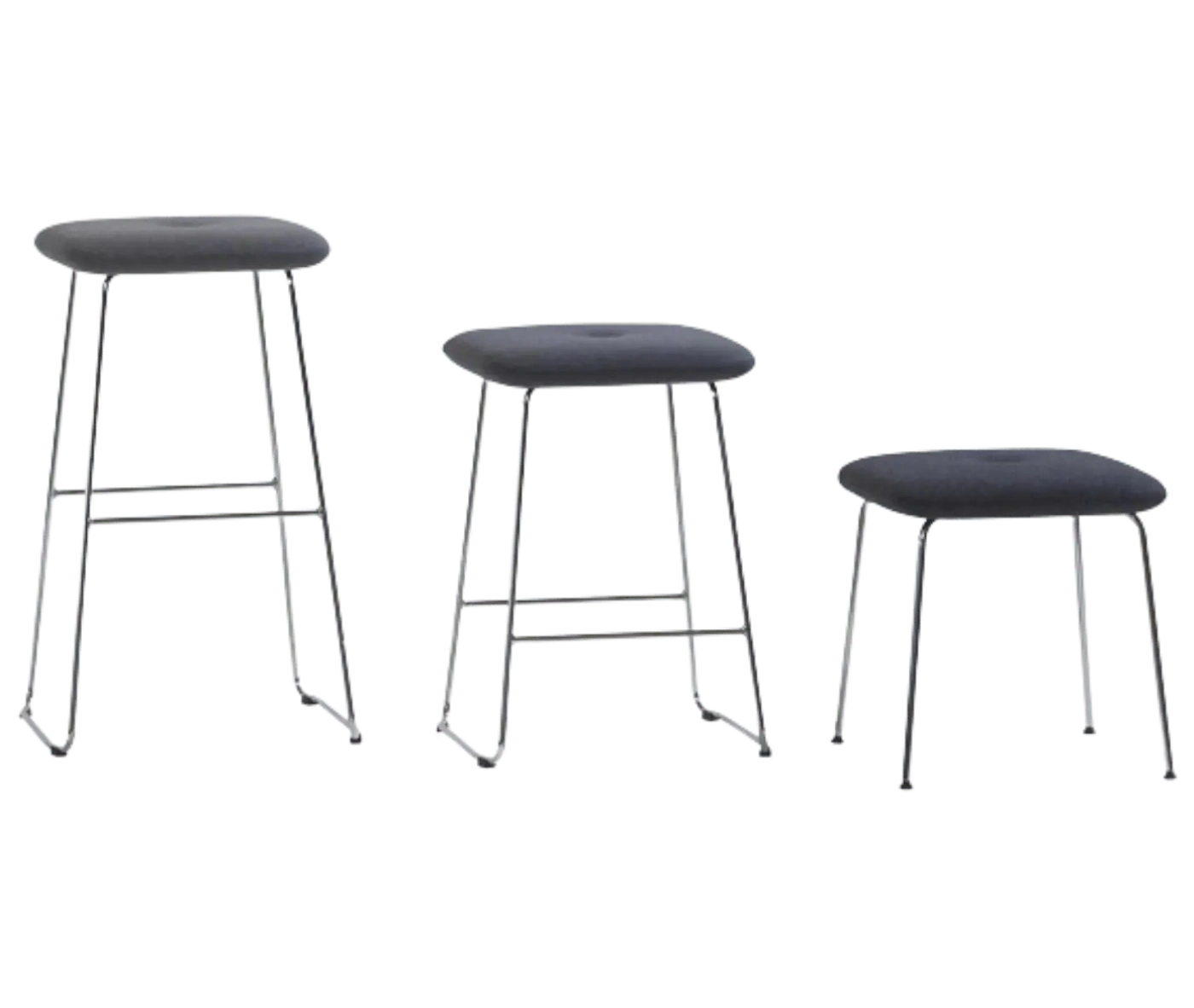 Bla Station Dundra stools in front view, with upholstered seats on steel sled bases in different heights.