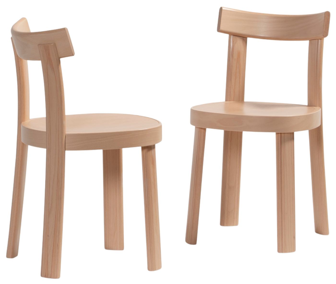 Bla Station Frankfurter chairs shown in front and side views, crafted entirely from natural timber.