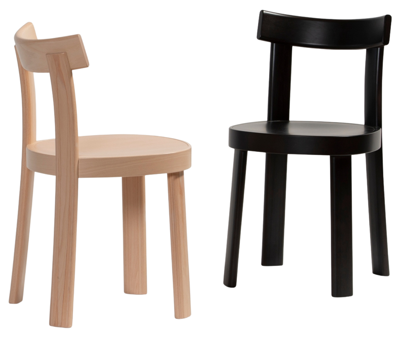 Bla Station Frankfurter chairs in front and side views with black and natural timber finishes.