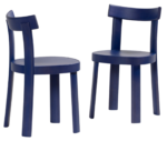 Bla Station Frankfurter chairs in front and side views in timber material with blue finishes.